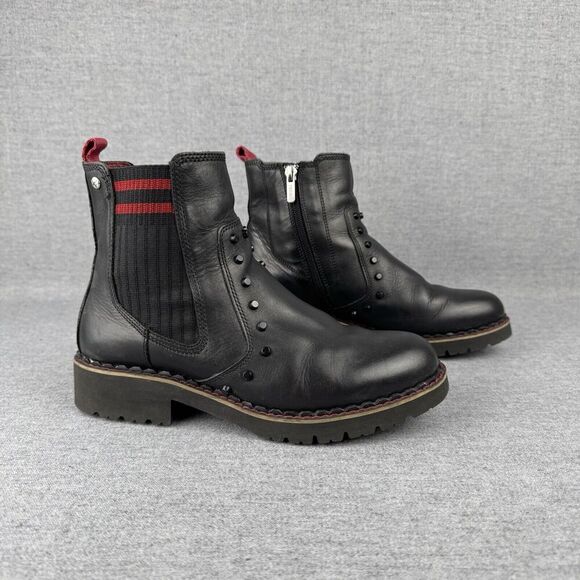 Pikolinos‎ Boots Womens 6.5* Black Leather Chelsea Studded Vicar Water Repellent - Picture 1 of 15